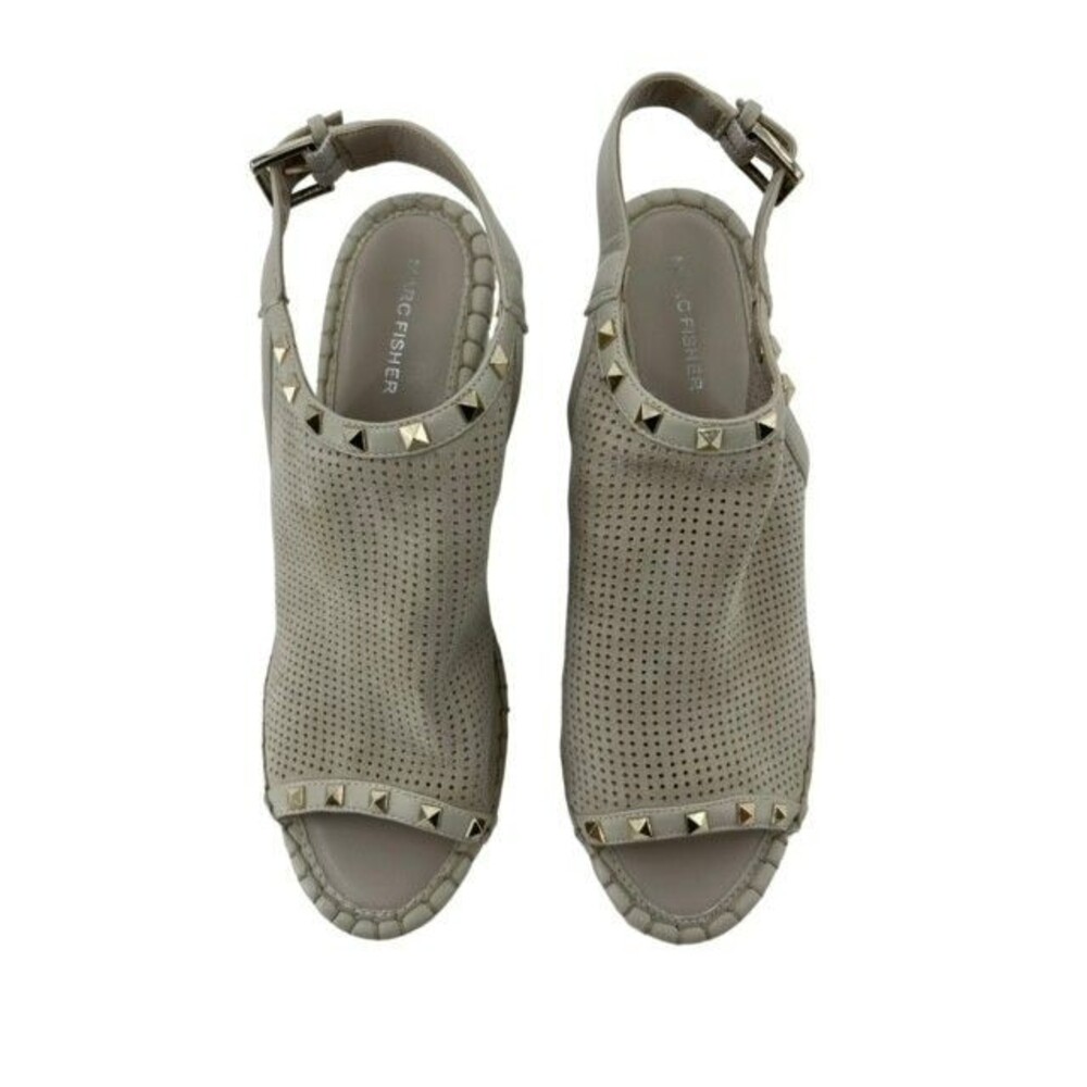 Marc Fisher Womens Sandals Size 10M Beige Peep Toe Studded Slingnback 3.5" Wedge